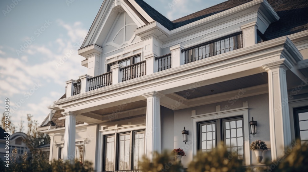 A large white house with a black roof, suitable for real estate or architecture concepts A large white house with a black roof, suitable for real estate or architecture concepts