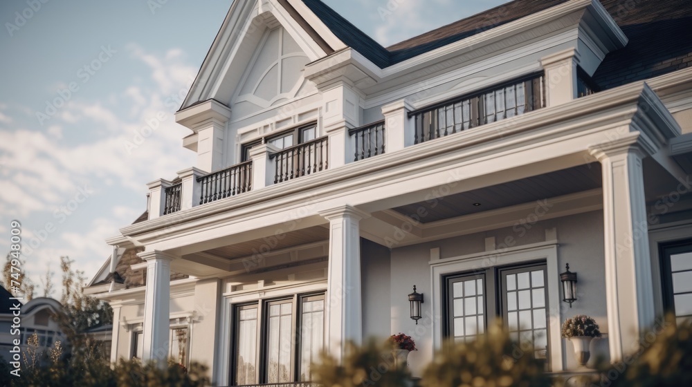 A large white house with a black roof, suitable for real estate or architecture concepts