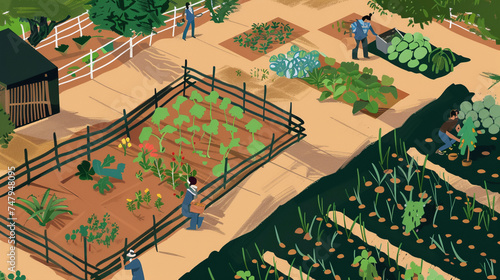 Summer Harvest  Illustration of Community Gardeners Tending to Crops
