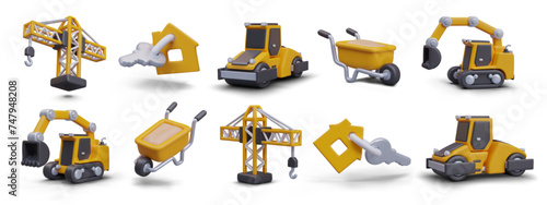 Fototapeta Naklejka Na Ścianę i Meble -  Yellow lifting crane, house key tag, road roller, wheelbarrow, excavator