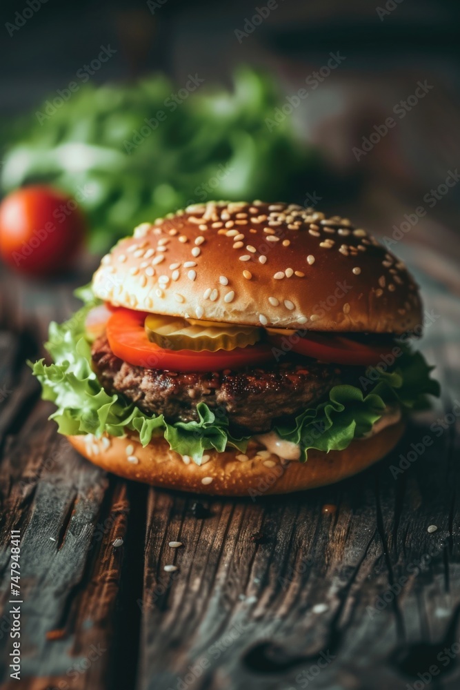 A delicious hamburger on a rustic wooden table. Perfect for food-related projects A delicious hamburger on a rustic wooden table. Perfect for food-related projects