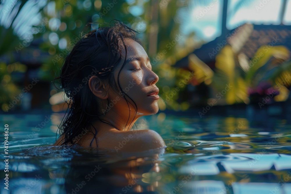 A woman peacefully floating in water, ideal for relaxation concepts