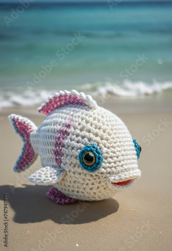 Little cute fish handmade toy on beautiful ocean landscape background. Knitting, hobby, amigurumi toy © Павел Абрамов