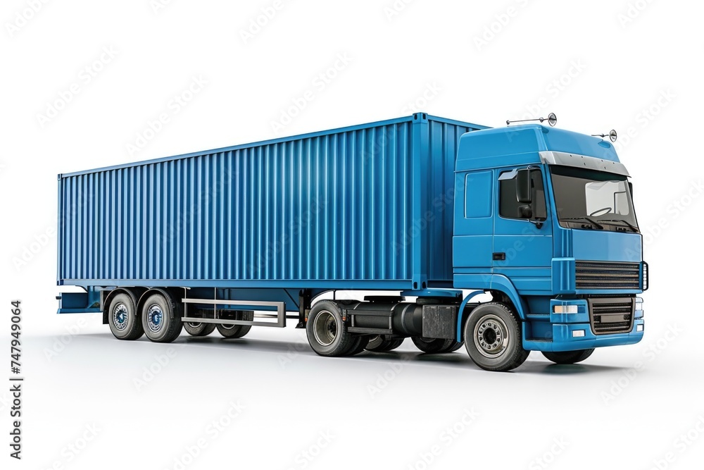 A blue truck with a container on the back. Suitable for transportation and logistics concepts A blue truck with a container on the back. Suitable for transportation and logistics concepts