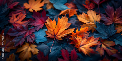 Colorful leaves in autumn season, A close up of a bunch of leaves on a ground 