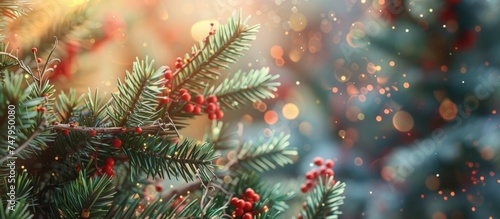 This close-up shot showcases a pine tree with vibrant red berries. The intricate needles of the tree contrast beautifully with the bright berries, creating a festive and wintery scene.