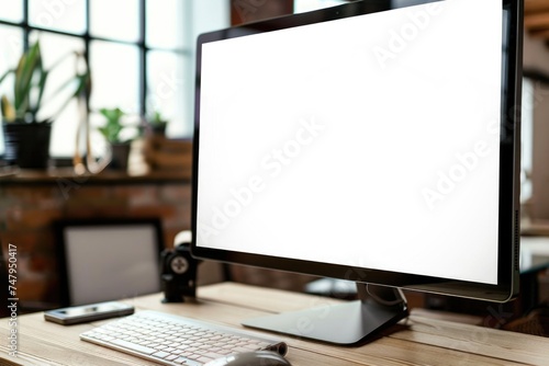 Modern computer monitor on wooden desk, suitable for office or home workspace