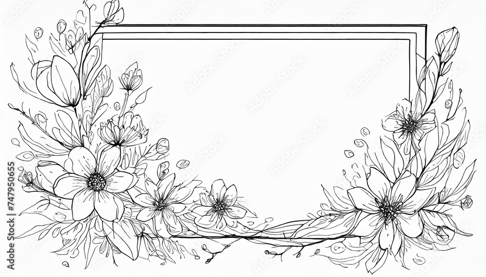 Sketch line illustration floral composition. Rectangular frame leaves and flowers with copy space Sketch line illustration floral composition. Rectangular frame leaves and flowers with copy space