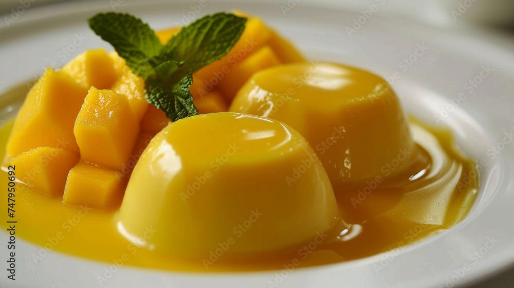 Elegant mango panna cotta dessert garnished with fresh mango cubes and mint leaves. Elegant mango panna cotta dessert garnished with fresh mango cubes and mint leaves.