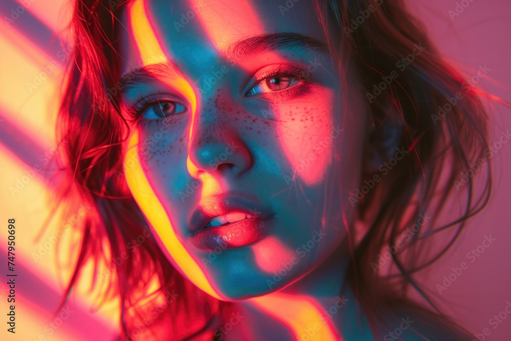 portrait of a young beautiful woman with fluorescent prints on her face. fluorescent prints that glow in ultraviolet rays.