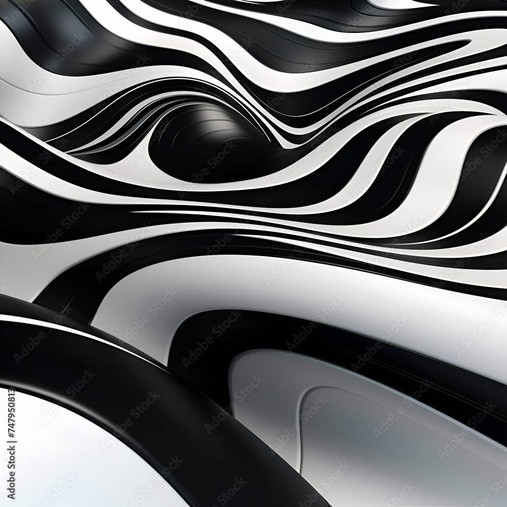 Fototapeta premium Abstract 3d rendering of wavy surface with black and white stripes.