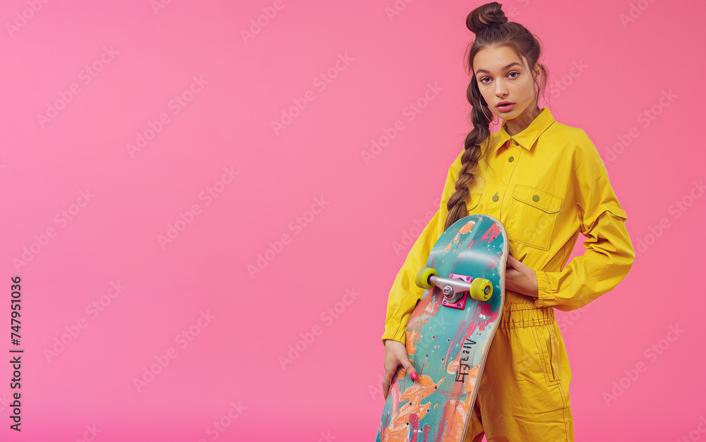 Portrait of a young girl in yellow clothes posing with a skateboard. The background is pink color. Copy Space. Portrait of a young girl in yellow clothes posing with a skateboard. The background is pink color. Copy Space.
