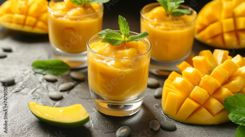 Elegant mango panna cotta dessert garnished with fresh mango cubes and mint leaves.