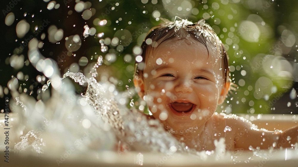 Bath time giggles, A playful scene of a newborn enjoying a warm bath, splashing softly and smiling brightly, generative AI, background image Bath time giggles, A playful scene of a newborn enjoying a warm bath, splashing softly and smiling brightly, generative AI, background image