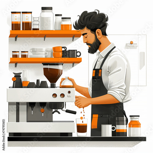 Barista is making coffee with coffee machine on white background. Selective focus. Vector illustration 