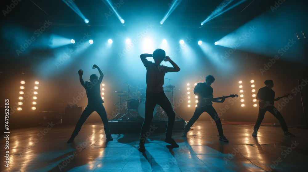 Dynamic silhouette of dancers or boys band performing on stage with striking neon lights creating a modern and energetic atmosphere. Creative fashionable neon color. capturing energy of nightlife. - obrazy, fototapety, plakaty 