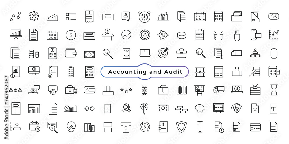 Accounting and audit icon set. Taxes and accounting line icons collection. Check and audit line icons collection.