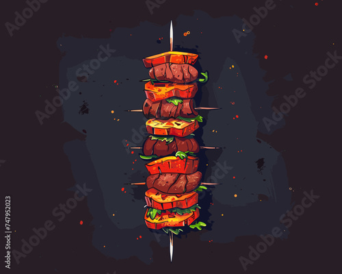 Appetizing meat kebab on a dark background, vector illustration shashlik, skewer