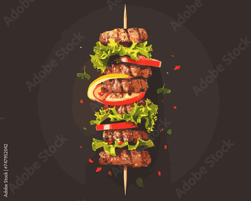 Appetizing meat kebab on a dark background, vector illustration shashlik, skewer