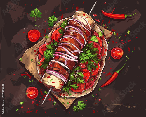 Appetizing meat kebab on a dark background, vector illustration shashlik, skewer
