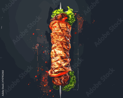 Appetizing meat kebab on a dark background, vector illustration shashlik, skewer