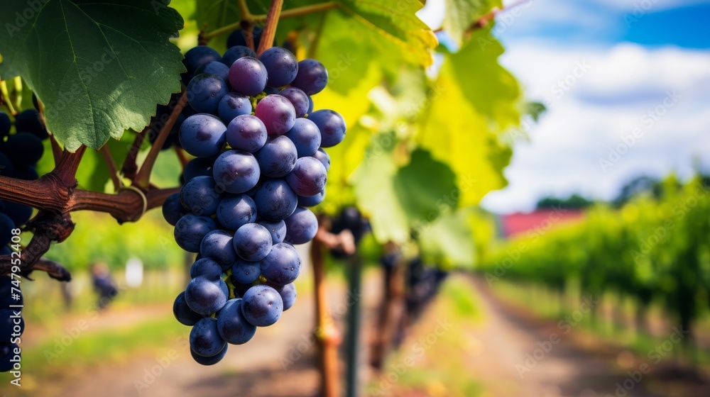 Detailed macro view of ripe grapes hanging on vineyard branch against vineyard background