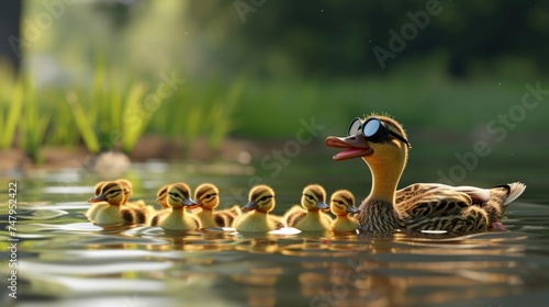 Cartoon digital avatar of a brown duck with a pair of goggles on its head, demonstrating proper swimming techniques to a group of ducklings in a lake.