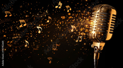 A classic vintage gold microphone set against a backdrop of glowing musical notes and warm bokeh lights.