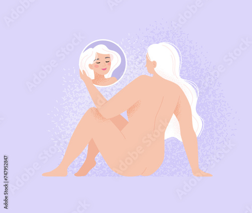 Happy beautiful woman looking to her mirror reflection. Self-love and acceptance concept. Vector illustration in flat style