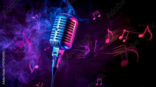 A classic vintage microphone under neon blue and purple lights, highlighting its detailed design and technology. photo