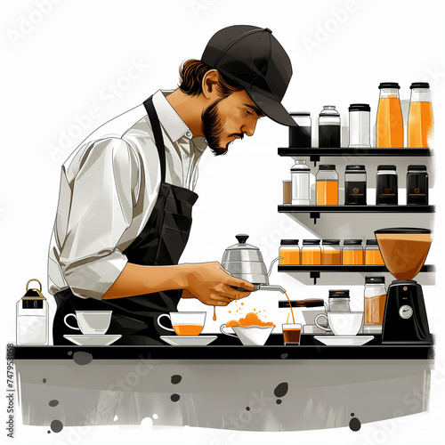 Cozy atmosphere of caffe. Man barista is making a coffee. Vector illustration. Selective focus. 