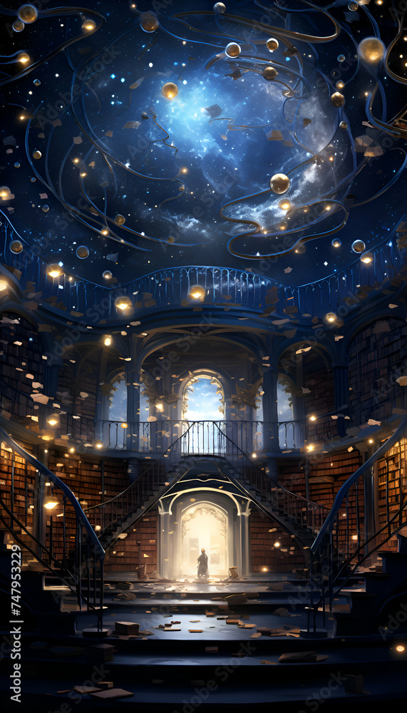 Mystical interior with stairs to heaven. 3D illustration.