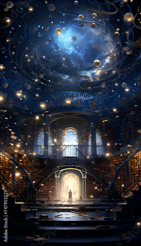 Mystical interior with stairs to heaven. 3D illustration.