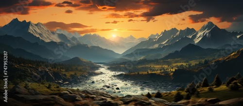 Mountain valley with orange light at sunset photo