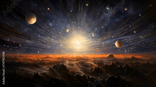 Fantasy alien planet. Mountain and sky. 3D illustration.