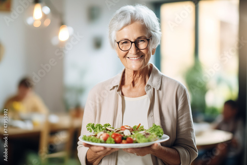 Portrait of a senior woman in a retirement home happily enjoying a healthy lunch. Presentation of a healthy lifestyle of well-being and contentment even at an age