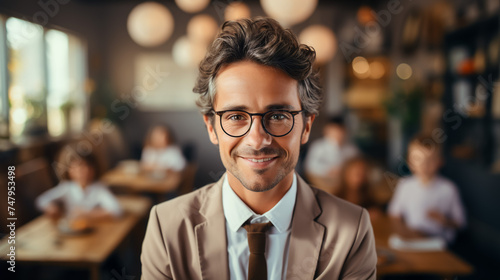 Portrait Of Male Elementary School Teacher Standing In Classroom