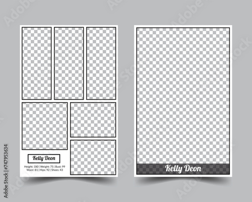 This is a modeling comp card. Its size is 5.5/8.5. It is a modern, sleek, and elegant design modeling comp card	