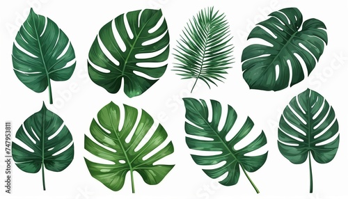 Modern Flat Style Icon Set of Glitter Texture Green Monstera