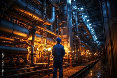 A process engineer in a protective helmet studies the technical documentation at the enterprise