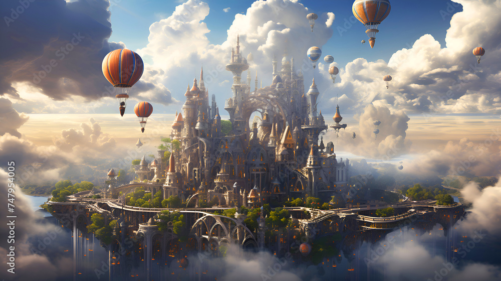 Fantasy landscape with castle and hot air balloons. 3D rendering - obrazy, fototapety, plakaty 