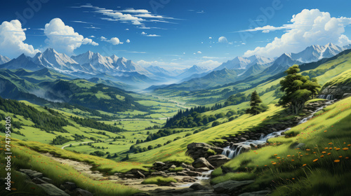 Breath-taking Alpine Views: Hiking through Snow-Capped Peaks, Lush Forests, and Majestic Valleys on a Summer Adventure in the Mountains, generative AI