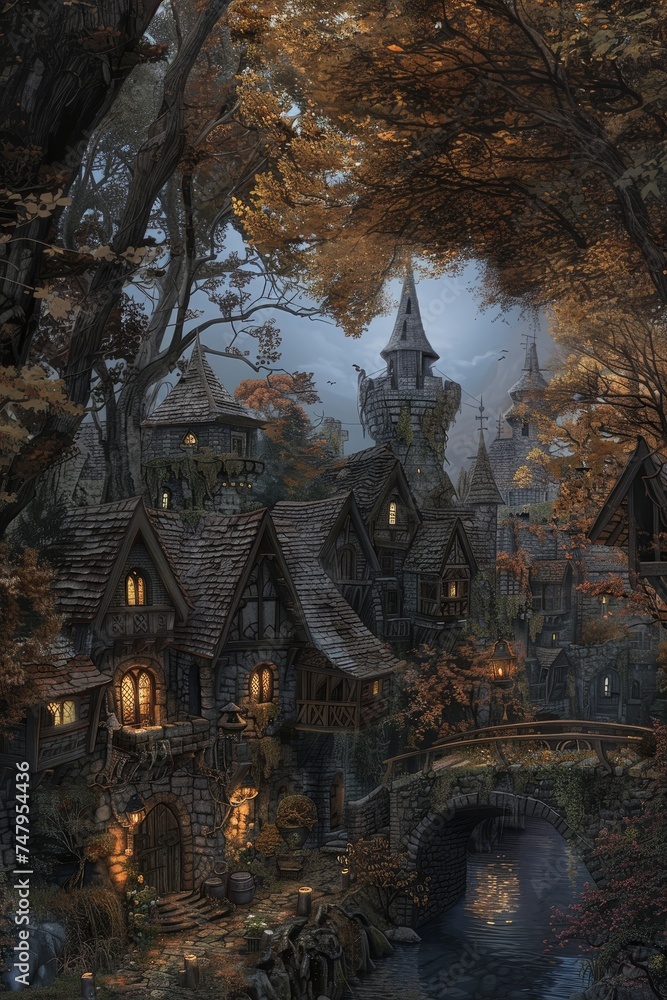 Twilight descends on an enchanted village, with autumn leaves framing storybook cottages and a tranquil river flowing beneath an arched bridge. The scene is a perfect blend of fantasy and serenity.