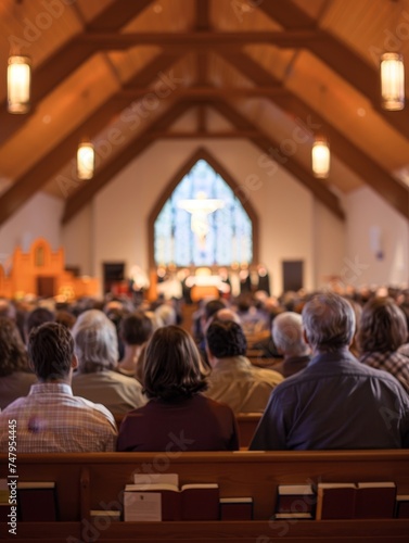 Congregation members gather in a church, attentively facing the pulpit where a sermon is delivered, the atmosphere filled with a communal sense of faith and reflection.
