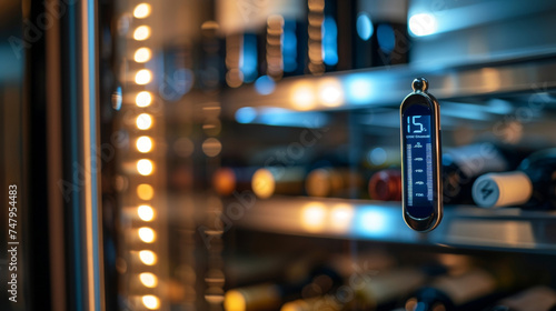 The digital thermometer inside a wine cooler indicating the precise temperature of the wine.