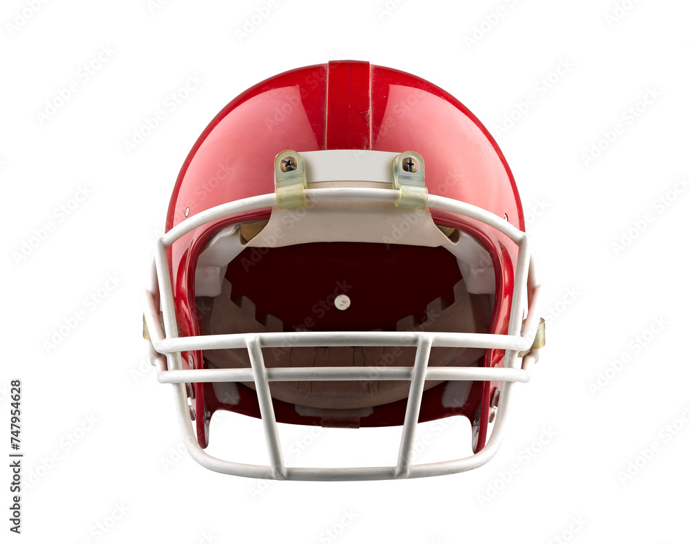 Red American football helmet isolated on a white background with detailed clipping path.