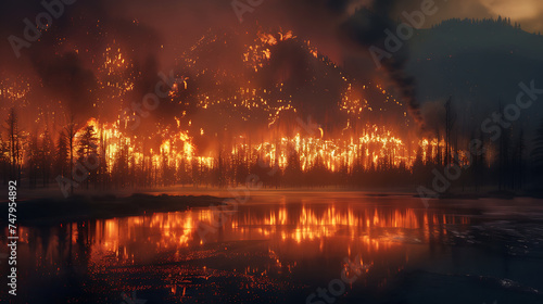 Fire in the forest at night with reflection in the lake