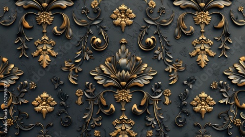 oriental damask black gold seamless pattern