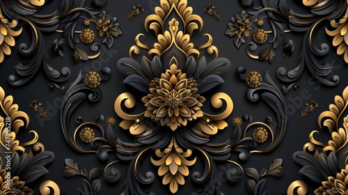 medallion damask black gold seamless pattern