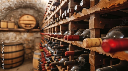 An old wine cellar illuminated by warm light, showcasing rows of vintage wine bottles and wooden barrels, invoking a sense of tradition and quality.